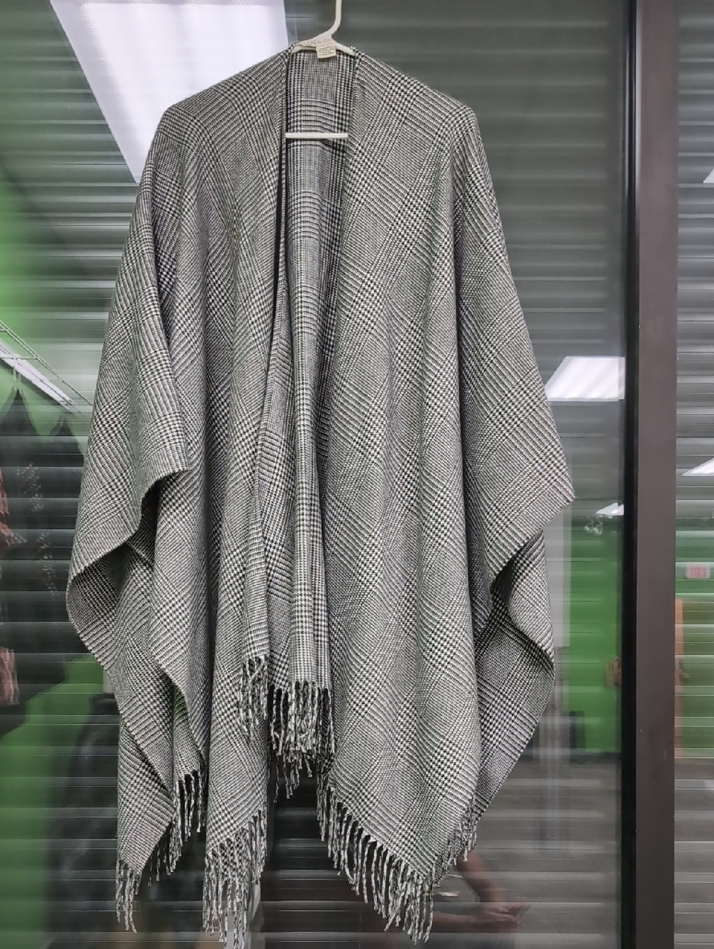 Casual Corner Gray Plaid Fringe Poncho